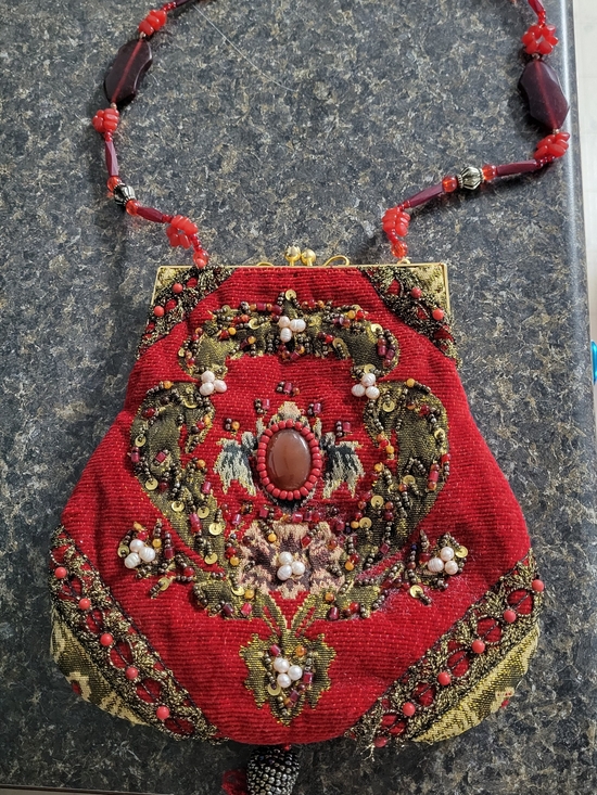 Mary Frances Handbags - Mary Frances, Red Embellished Beaded Evening Bag, Positive Energy